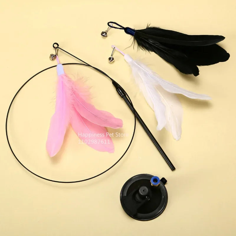 Varinha Interativa com Plumas para Gatos Ventosa Sino e Haste Extensível