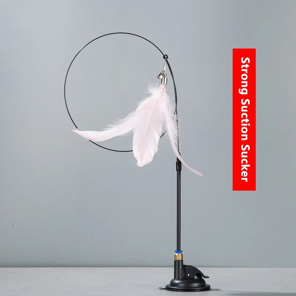 Varinha Interativa com Plumas para Gatos Ventosa Sino e Haste Extensível
