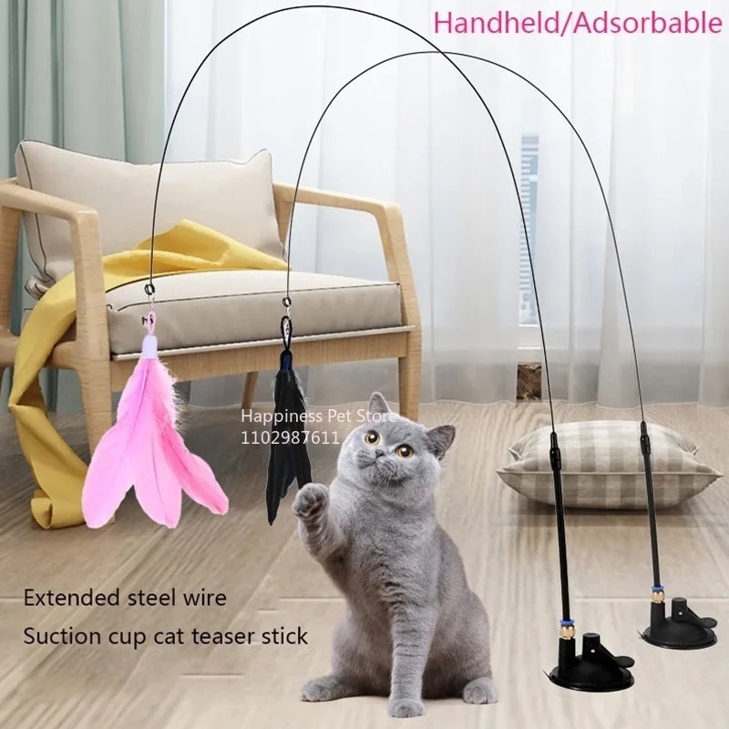 Varinha Interativa com Plumas para Gatos Ventosa Sino e Haste Extensível